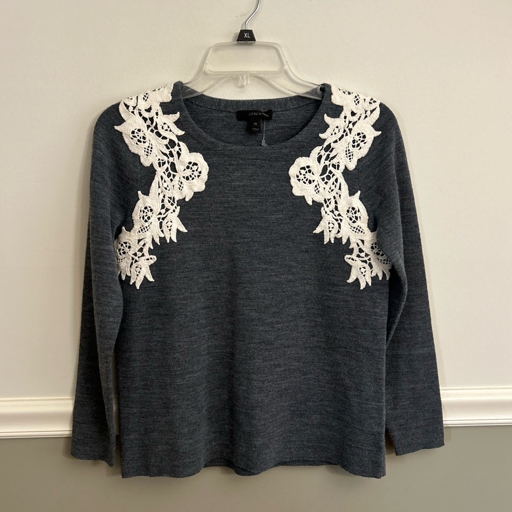 J.Crew Crochet Appliqué Crew Sweater Charcoal Grey White Merino Wool Size XS